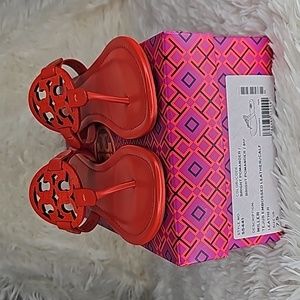 Tory Burch Miller Tejus Embossed Leather Sandal, Bright Pomander color, size 7.5